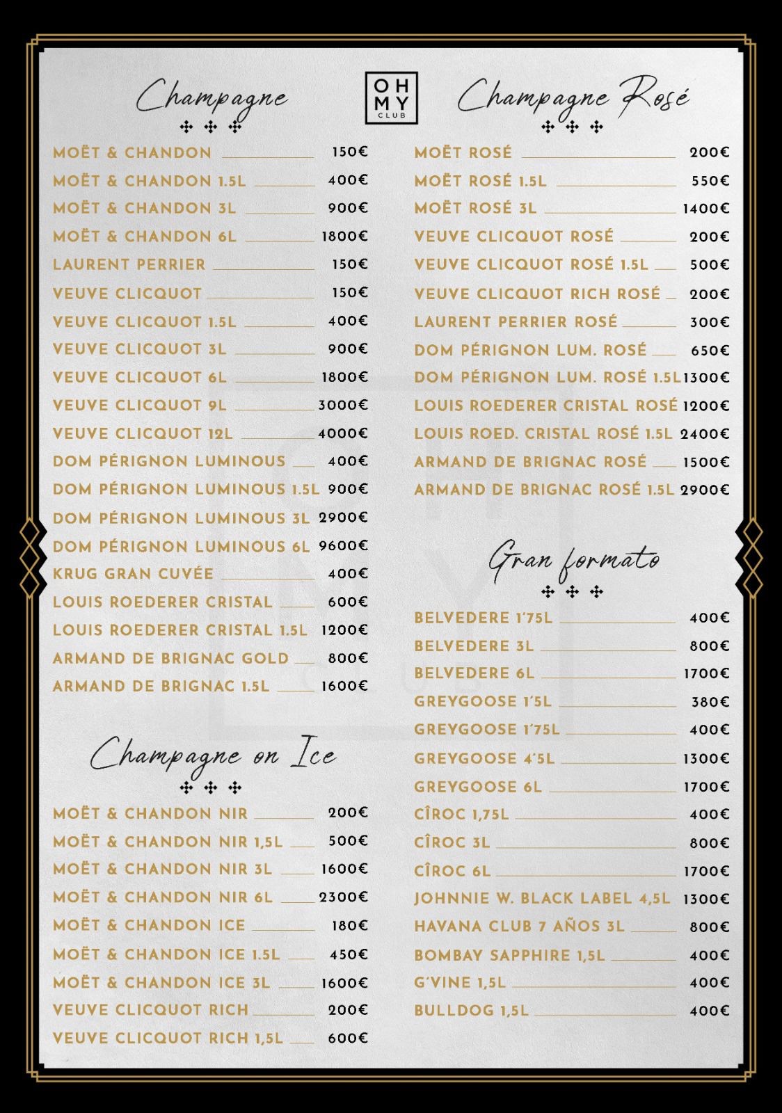 Oh My Club Carta precios botellas